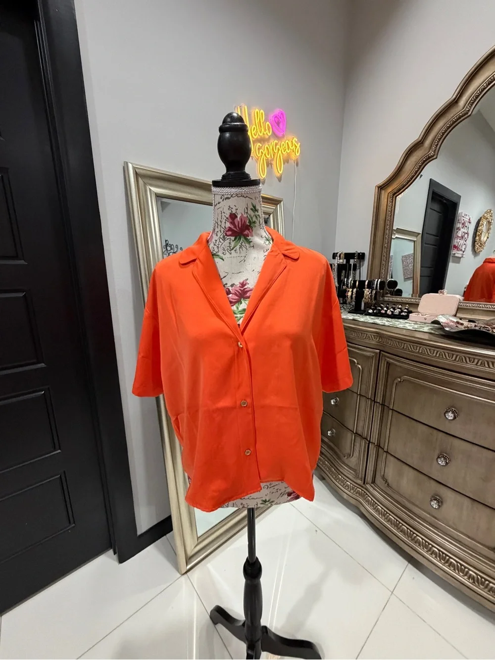 Michael Kors Vibrant Orange Short-Sleeve Button-Down Blouse
